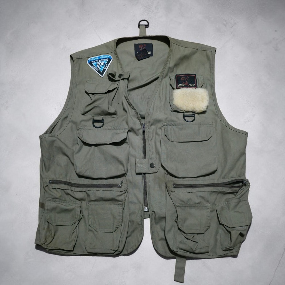 Vintage Eagle Claw Vest Olive Green Fly Fishing Utility Pockets Size‎ Large / XL